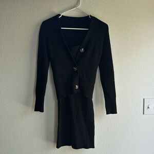 Black Amazon Bodycon Dress and Sweater Cardigan Ribbed Knit, Size Small
